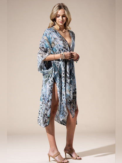Abstract Boho Floral Open Front Kimono or Swimsuit Coverup Lightweight NWT