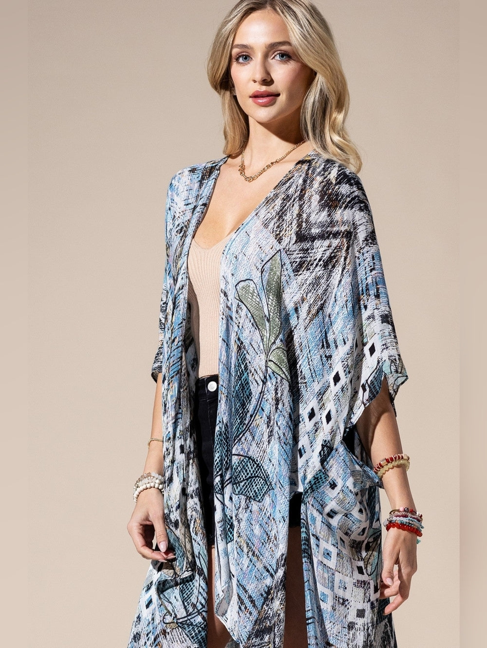 Abstract Boho Floral Open Front Kimono or Swimsuit Coverup Lightweight NWT