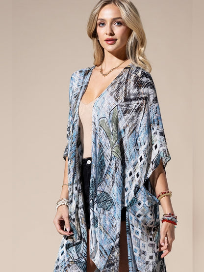 Abstract Boho Floral Open Front Kimono or Swimsuit Coverup Lightweight NWT