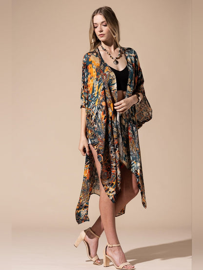 Stunning & Artfully Printed Kimono / Swimsuit Coverup Intricate Paisley Motifs