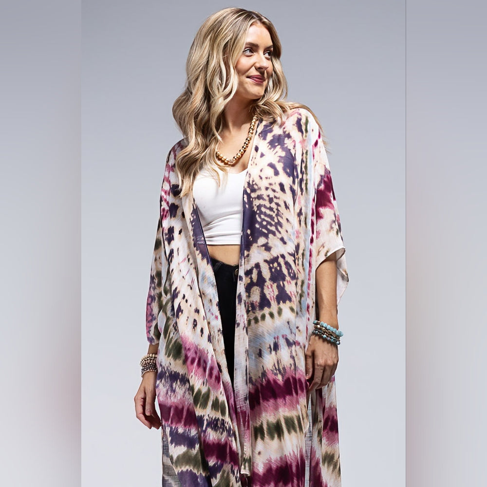 Tie-dye Kimono Maroon Multi Color Swimsuit Coverup / Kimono - Lightweight Silky