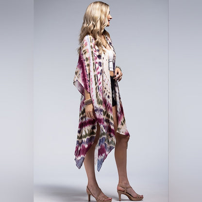Tie-dye Kimono Maroon Multi Color Swimsuit Coverup / Kimono - Lightweight Silky