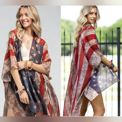Vintage American Flag Coverup Kimono w/ Side Slits - Great for Patriotic Events!