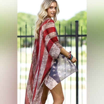 Vintage American Flag Coverup Kimono w/ Side Slits - Great for Patriotic Events!