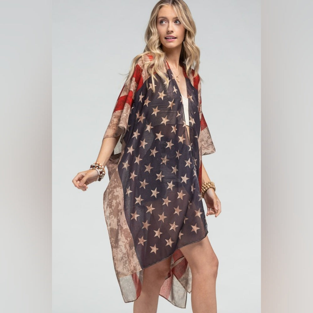 Vintage American Flag Coverup Kimono w/ Side Slits - Great for Patriotic Events!