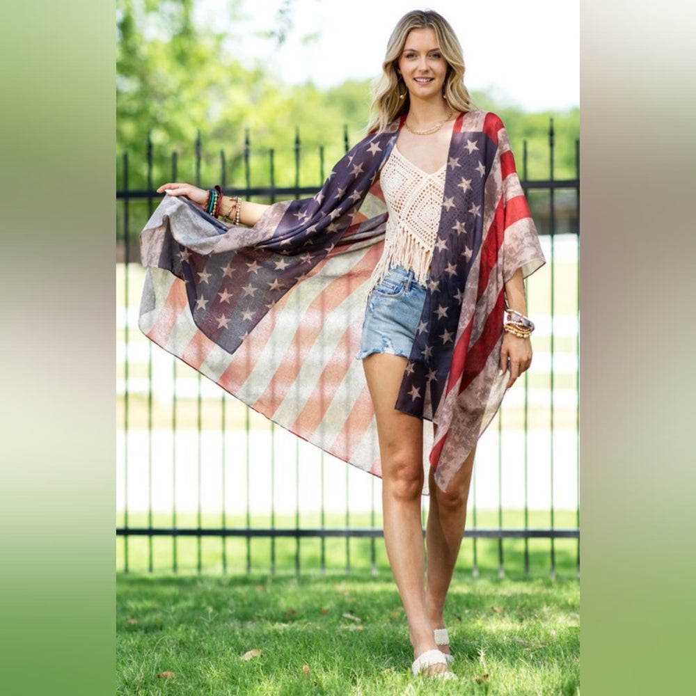 Vintage American Flag Coverup Kimono w/ Side Slits - Great for Patriotic Events!