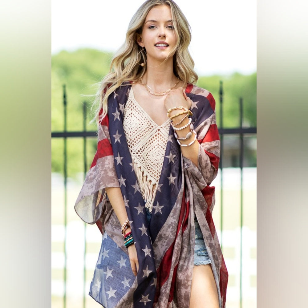 Vintage American Flag Coverup Kimono w/ Side Slits - Great for Patriotic Events!