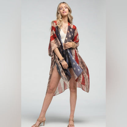 Vintage American Flag Coverup Kimono w/ Side Slits - Great for Patriotic Events!