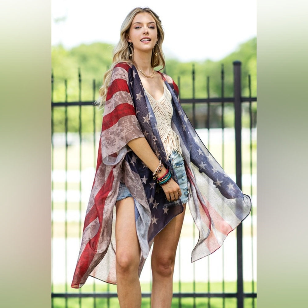 Vintage American Flag Coverup Kimono w/ Side Slits - Great for Patriotic Events!